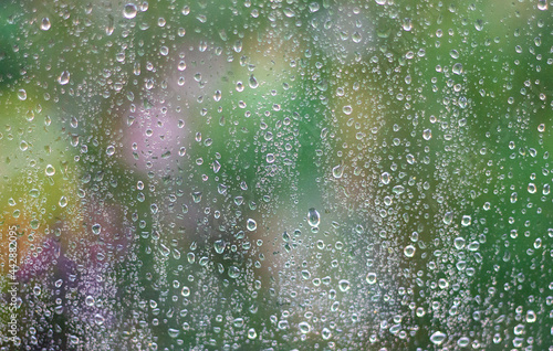 Out of focus water drops on window glass after rain on bright colored nature background