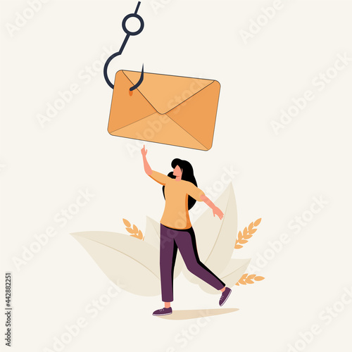 Woman taking envelope put on hook. Concept of fishing electronic message, suspicious e-mail, scam letter.