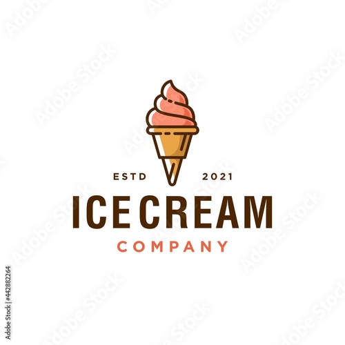 ice cream line art cartoon logo desgin vector Illustration in filled line style. cute ice cream scoop badge hipster logo icon in trendy cartoon line style 