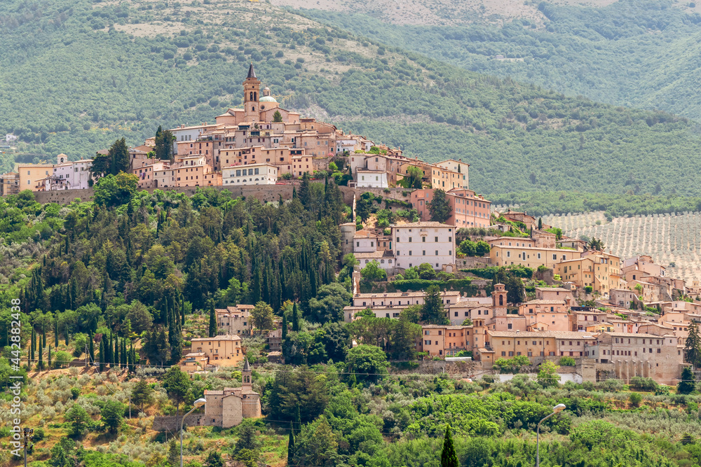 Panoramic view of the ancient hilltop village of Trevi, Perugia, Umbria, Italy