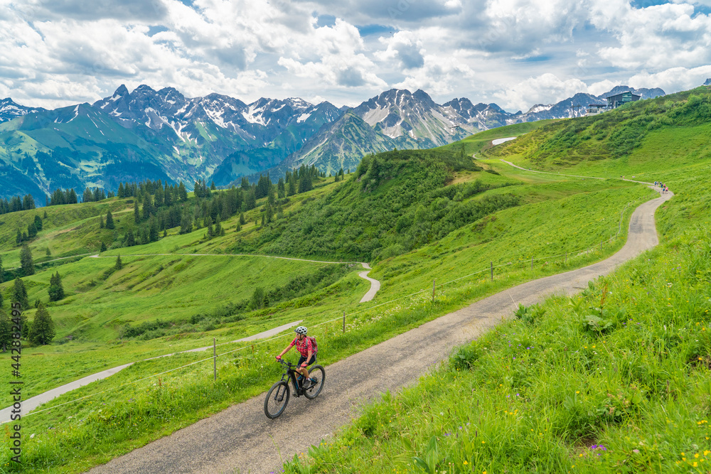 Fototapeta premium nice senior woman on mountain bike climbing up Mount Fellhorn in the Allgaeu High Alps with Trettach and Maedelegabel in background, Allgau, Bavaria, Germany
