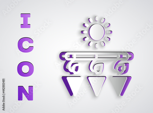 Paper cut Drying grapes icon isolated on grey background. Dried grapes. Paper art style. Vector