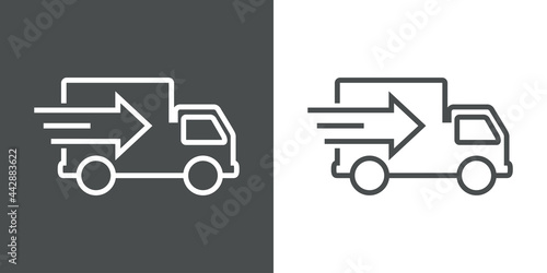Logo con camión de transporte con flecha y lineas de velocidad en fondo gris y fondo blanco
