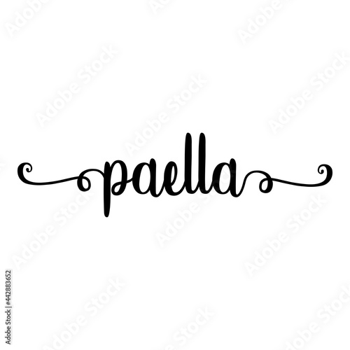 Banner con palabra paella en caligrafía escrito a mano con florituras en color negro