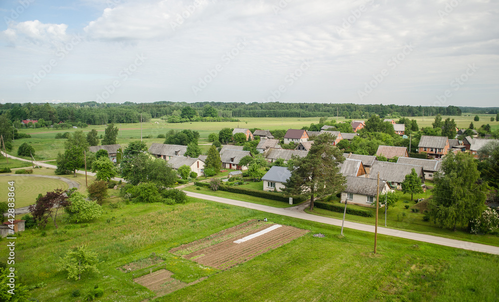 View from above of Varme village houses, Latvia.