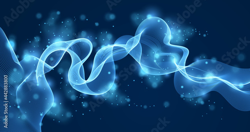 Array of particles flowing over dark background, dynamic sound wave. 3d vector illustration. Mesh shining round dots, beautiful relaxing wallpaper illustration.