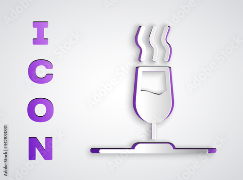 Paper cut Wine tasting, degustation icon isolated on grey background. Sommelier. Smells of wine. Paper art style. Vector