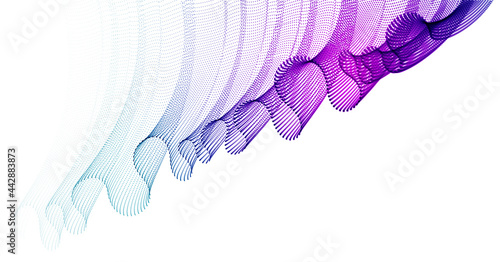 Flowing particles wave, transparent tulle textile on wind, dynamic motion curve lines. 3d vector illustration. Beautiful calming wave shaped array of blended points.