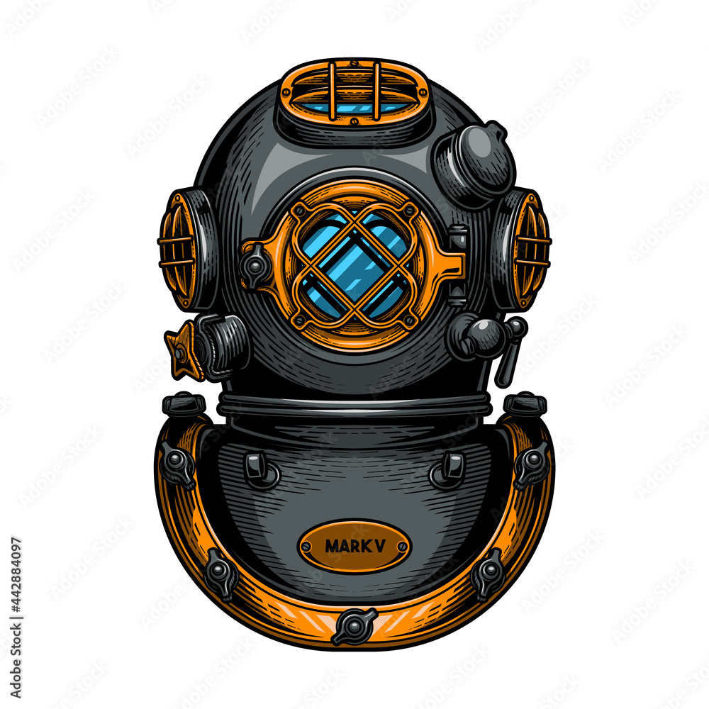 Vintage diving helmet. Colorful hand drawn vector illustration in