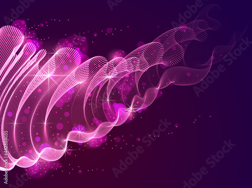 Wave of flowing magic particles over dark relaxing illustration, transparent tulle textile on wind. Round dots vector abstract background. Beautiful wave shaped array of blended points.