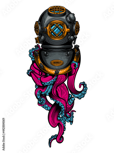 Vintage diving helmet with tentacles. Colorful hand drawn vector illustration in engraving technique of "Mark V" diving helmet and tentacles of an octopus isolated on black background.  