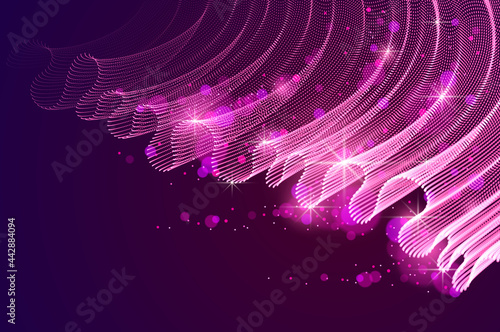Array of magic particles flowing over dark, dynamic wave transparent tulle textile on wind. 3d vector illustration. Mesh round dots, beautiful relaxing wallpaper illustration.