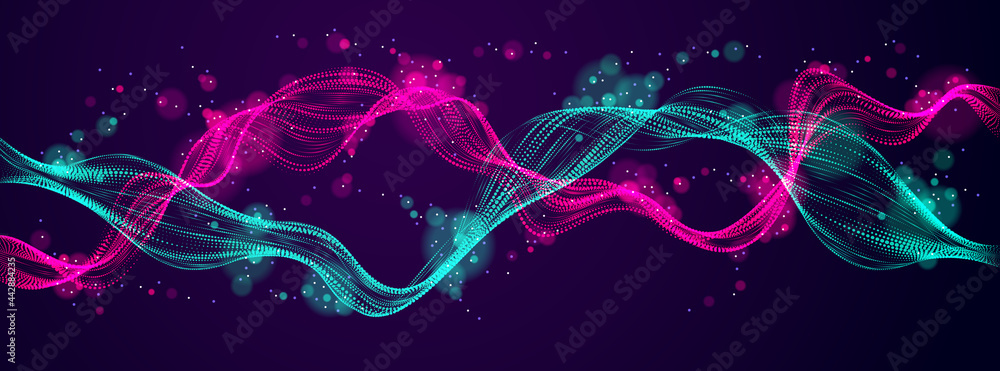 Φωτογραφία Flowing energy particles, mutual wave of blended dots over dark