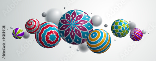 Realistic glossy spheres vector illustration, abstract background with beautiful balls with patterns and depth of field effect, 3D globes design concept art.