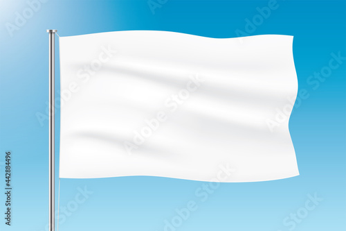White flag waving on blue sky background. Vector flag mockup.