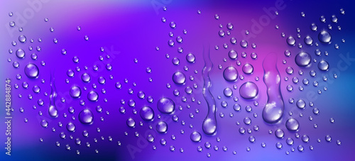 Water drops in shower or pool, condensate or rain droplets realistic transparent vector illustration, easy to put over any background or use droplets separately.