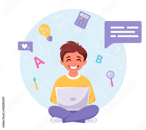 Boy studying with computer. Online learning, back to school concept. Vector illustration