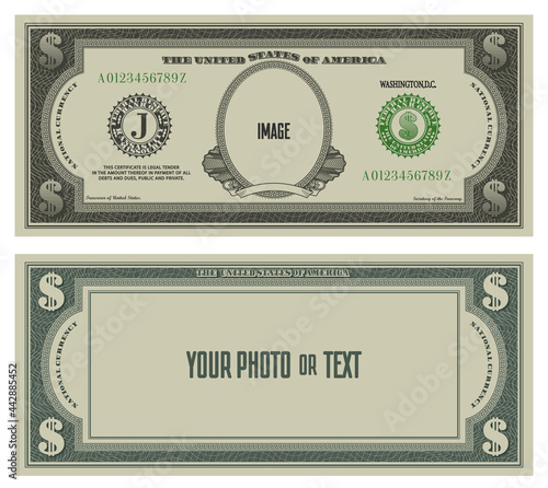 Sample obverse and reverse of fictional paper money in the style of US dollars with inscriptions - your photo or text, image. Blank with guilloche frame and bank seals photo