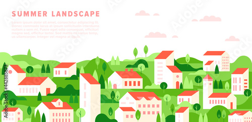 Vector summer cityscape in simple minimal geometric flat style. Horizontal spring summer landscape with buildings, house, tree, hill, field. City building houses view illustration. Minimal cityscape