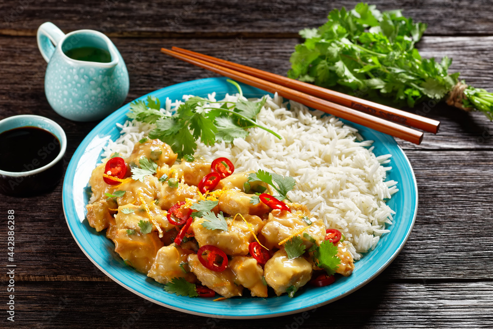 Mango glazed spicy chicken breast chunks with rice Mango glazed spicy chicken breast chunks with rice