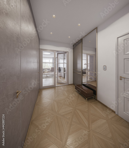 Interior of modern apartment hall. Hallway in flat  3D rendering