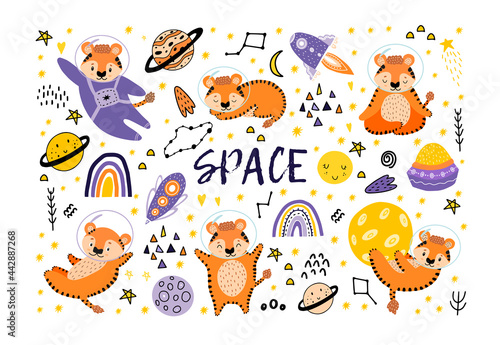 Fototapeta Naklejka Na Ścianę i Meble -  The Year of the Tiger is 2022. Happy New Year. Cute set with tigers in space.Wild animals in a spacesuit with the moon, stars, rainbows, spaceships, flying saucers, milky ways, planets. 