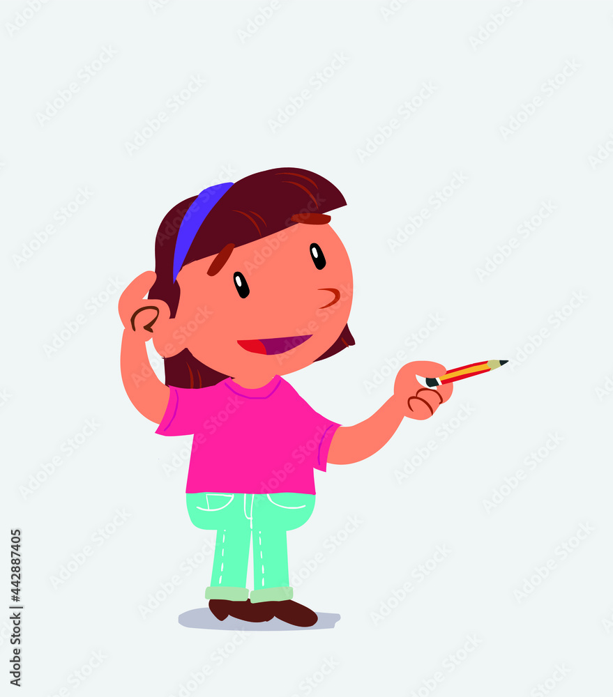 cartoon character of little girl on jeans doubts while pointing with a pencil. cartoon character of little girl on jeans doubts while pointing with a pencil.