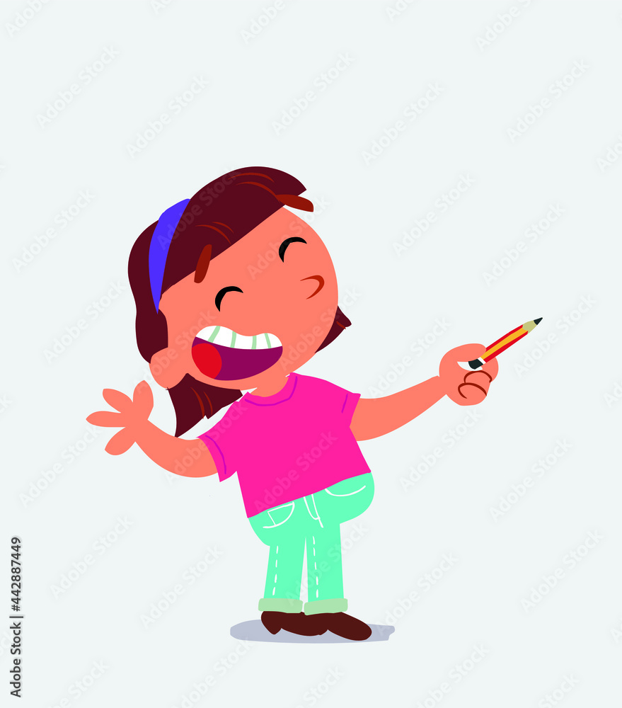 cartoon character of little girl on jeans is happy while pointing to the side with a pencil cartoon character of little girl on jeans is happy while pointing to the side with a pencil