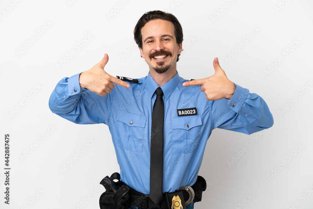 Fototapeta premium Young police man over isolated background white proud and self-satisfied
