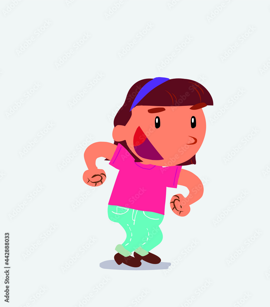 Euphoric cartoon character of little girl on jeans makes plans Euphoric cartoon character of little girl on jeans makes plans
