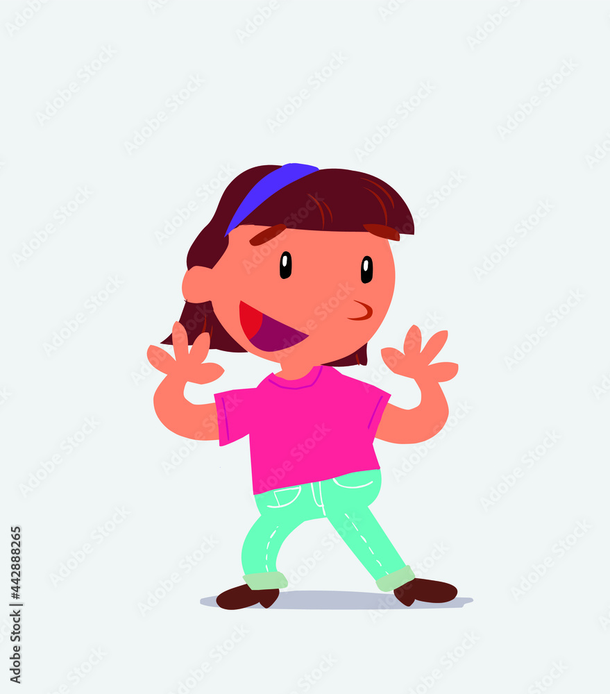 Pleasantly surprised cartoon character of little girl on jeans.