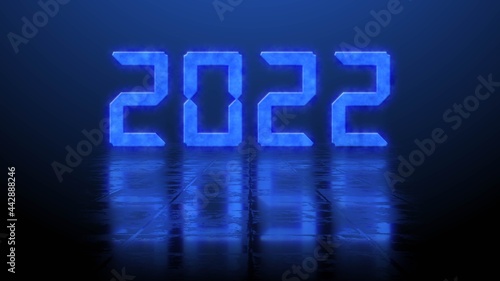 Year change 2022 - blurred blue year digits with reflection effects on structured surface over illuminated background - 3D Illustration