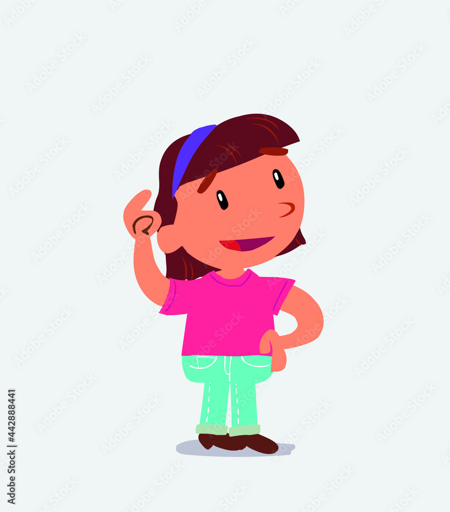 Thoughtful cartoon character of little girl on jeans scratching his head. Thoughtful cartoon character of little girl on jeans scratching his head.