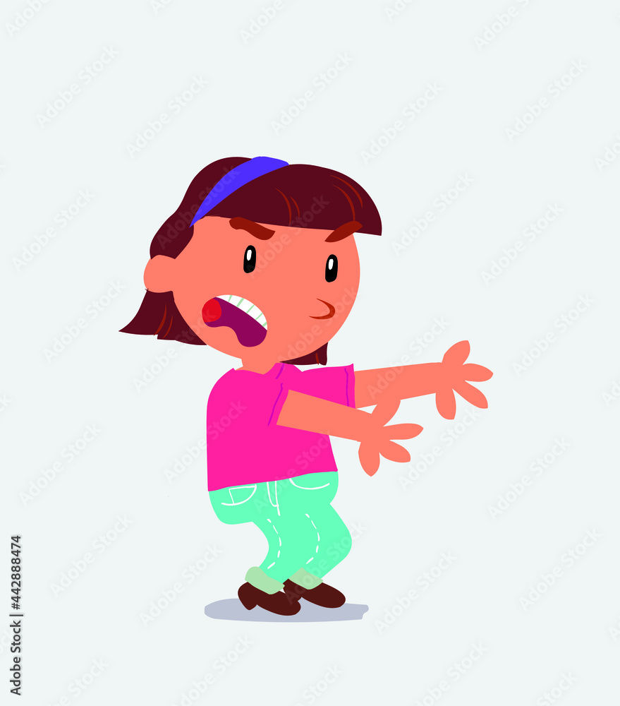 Very angry cartoon character of little girl on jeans pointing at something at side. Very angry cartoon character of little girl on jeans pointing at something at side.
