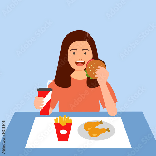 Young woman eating fast food- hamburger, French fried, fried chicken and soda drink in flat design. Hungry female eating lunch.