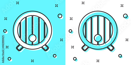 Black line Wooden barrel icon isolated on green and white background. Alcohol barrel, drink container, wooden keg for beer, whiskey, wine. Random dynamic shapes. Vector