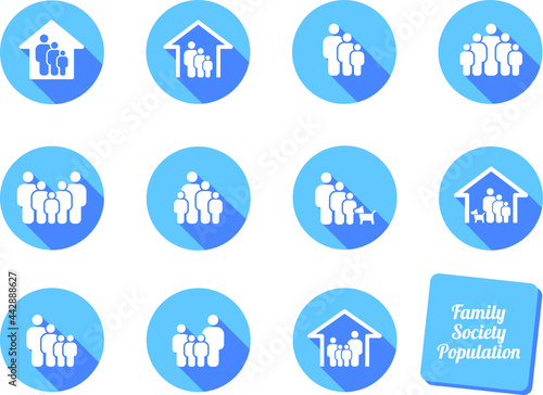 Family people groups population home icon set, long shadow vector collection