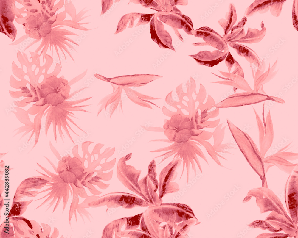 Fuchsia Monstera Texture. Pink Watercolor Background. Blur Banana Leaf Painting. Coral Seamless Textile. Pattern Garden. Tropical Jungle. Vintage Decor. Fuchsia Monstera Texture. Pink Watercolor Background. Blur Banana Leaf Painting. Coral Seamless Textile. Pattern Garden. Tropical Jungle. Vintage Decor.