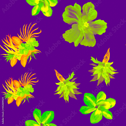 Purple Watercolor Textile. Green Flower Palm. Neon Seamless Print. Blue Hibiscus Backdrop. Pattern Palm. Tropical Wallpaper. Fashion Leaves. Art Palm.