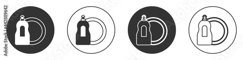Black Dishwashing liquid bottle and plate icon isolated on white background. Liquid detergent for washing dishes. Circle button. Vector
