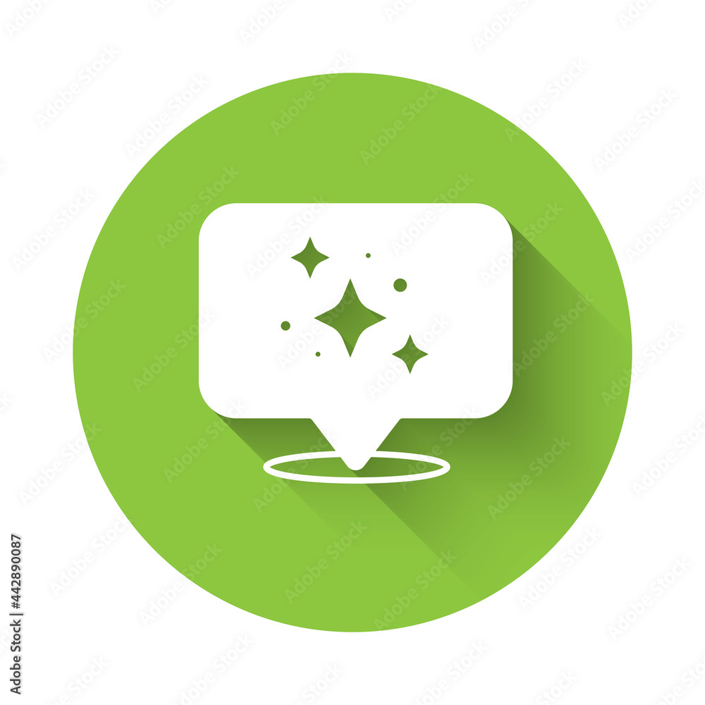 White Home cleaning service concept icon isolated with long shadow background. Building and house. Green circle button. Vector White Home cleaning service concept icon isolated with long shadow background. Building and house. Green circle button. Vector
