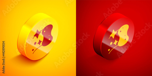 Isometric Sponge icon isolated on orange and red background. Wisp of bast for washing dishes. Cleaning service logo. Circle button. Vector