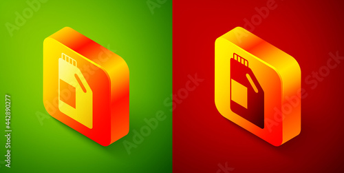 Isometric Plastic bottle for laundry detergent, bleach, dishwashing liquid or another cleaning agent icon isolated on green and red background. Square button. Vector