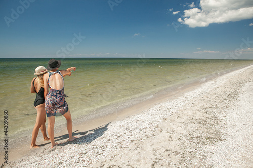 two women in swimsuits looking for a seashell on the seashore in the summer