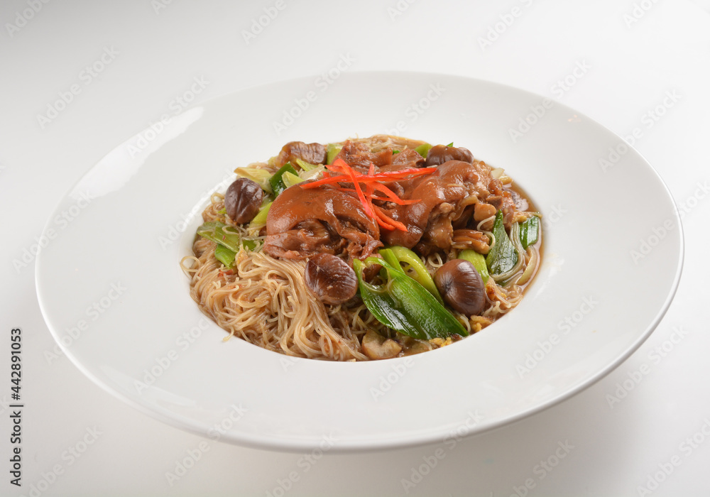 braised dry bee hoon bee noodle with pork trotter leg and vegetables asian menu