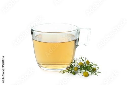 Cup of chamomile tea isolated on white background