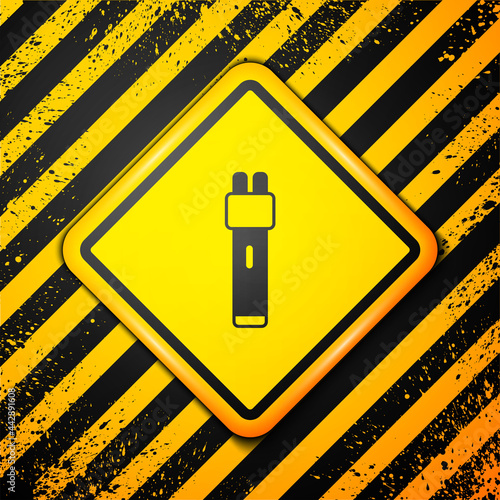 Black Police electric shocker icon isolated on yellow background. Shocker for protection. Taser is an electric weapon. Warning sign. Vector