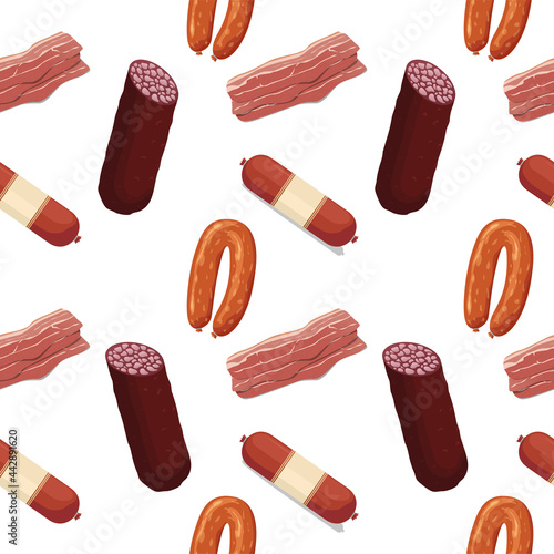 Vector flat meat and sausages icons pattern or background illustration. Seamless pattern sausage and meat food, sirloin and salami