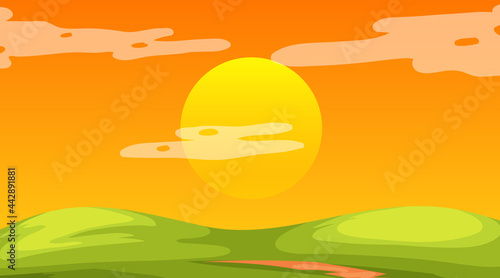 Blank meadow landscape scene with the sun is going down
