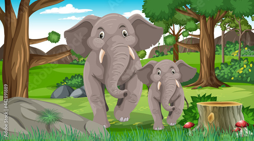 Elephant mom and baby in forest or rainforest scene with many trees